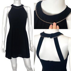 CDC Petites Vintage 90s Rhinestone Halter Neck Skater Flare Mini Dress in Black